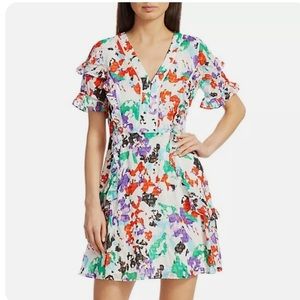 Tanya Taylor Rhett Silk Floral Print Ruffle Colorful Fit & Flare Mini Dress sz 6